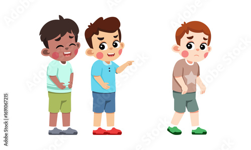 Two boys teasing a third boy who looks sad and upset.