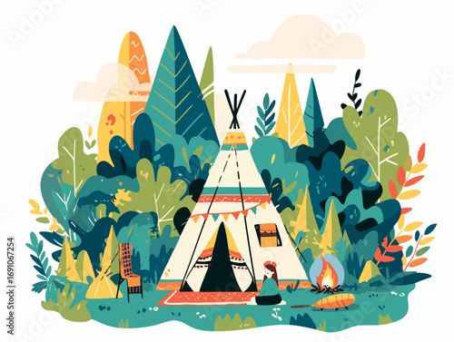 A stylized flat illustration of a cozy teepee tent campsite with a bonfire in a vibrant, dense woodland forest