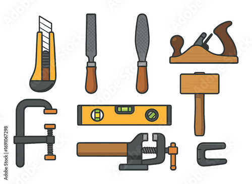Assorted hand tools illustration with wrench, plane, level, and files