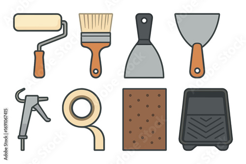 Home improvement tools: paint roller, brush, scraper, spatula, caulk gun, tape, sponge, tray