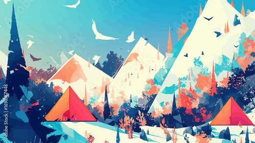 Stylized graphic illustration of a mountain landscape with vibrant orange tents, capturing the essence of a serene camping adventure