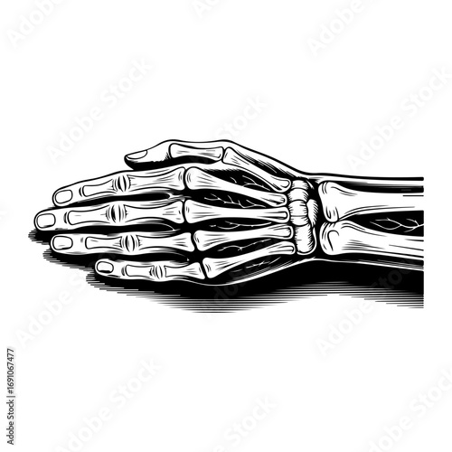 Detailed black and white skeleton hand with finger bones showing artistic medical science and anatomy representation vector