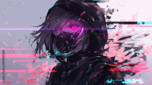 Futuristic cyberpunk character illustration with a glowing eye and digital glitch disintegration effect