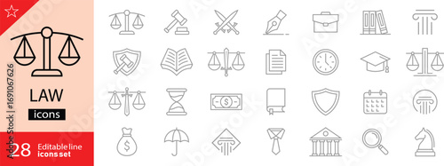 Law icon set. Containing judge, court, legal, lawyer, judgement, jury, crime, prison, police, attorney, gavel and more. Editable stroke.  Outline icons. Vector illustration. Perfect for infographics. 