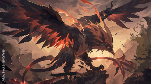 Epic digital illustration of a fierce mythical griffin character with fiery wings and a powerful, expressive gaze amid a chaotic landscape