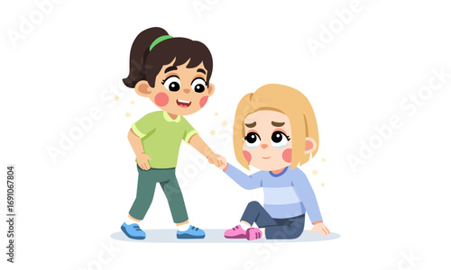 Two young girls, one helping the other, depicting empathy and friendship.