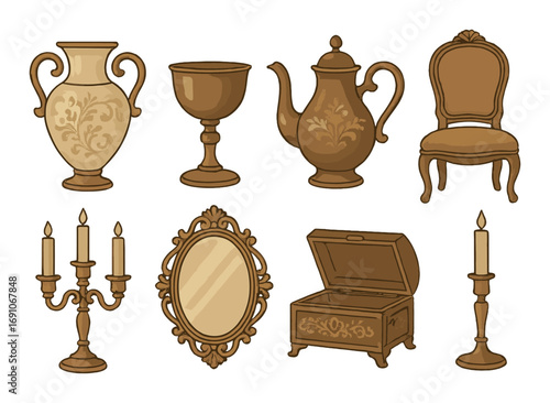 Elegant vintage objects collection featuring vase, goblet, teapot, chair, candelabra, mirror, box, candle
