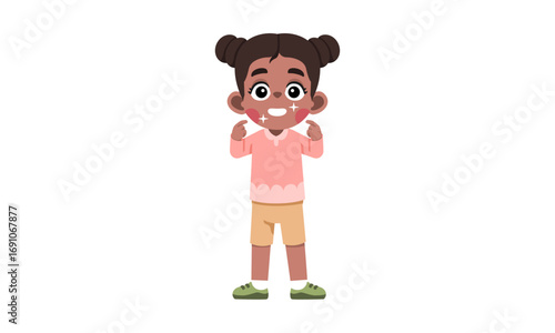 A cute cartoon illustration of a happy young Black girl with space buns, smiling cheerfully with sparkles on her cheeks.