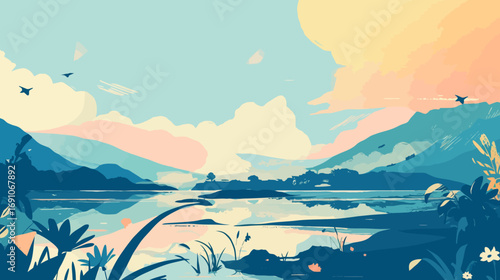 A beautiful minimalist landscape illustration depicting a peaceful river and mountains at dawn or sunset