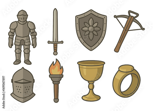 Medieval armor and weaponry collection with torch, chalice, and ring