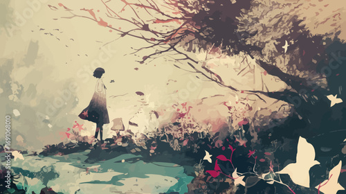 Abstract digital painting of a solitary figure contemplating by a river under a sprawling, artistic tree with birds taking flight