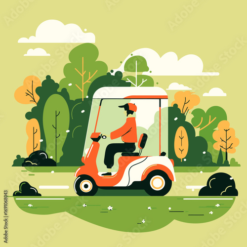 A vector illustration of a person driving a recreational electric cart through a lush green park for an outdoor activity
