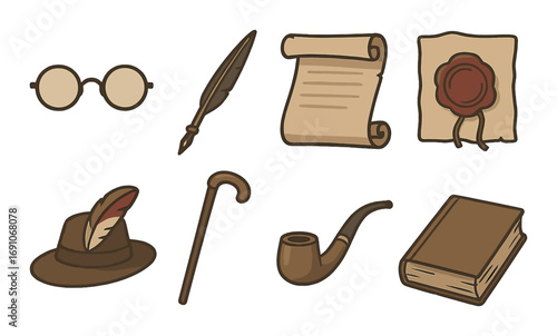 Vintage writing tools and accessories collection: quill, scroll, hat, pipe, book