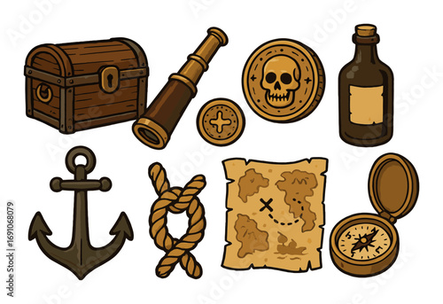 Vintage pirate treasures: chest, telescope, coins, bottle, anchor, rope, map, compass