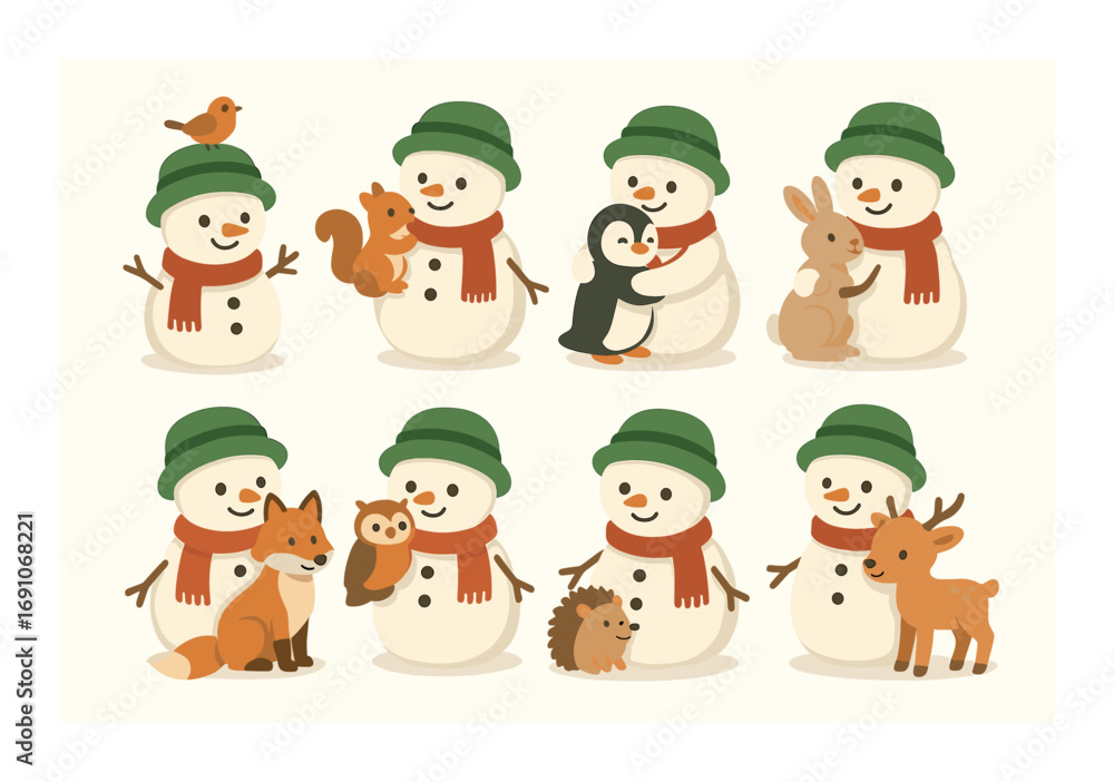 Fototapeta premium Cute snowmen with forest animals: squirrel, penguin, rabbit, fox, owl, hedgehog, deer
