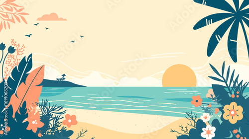 A serene vector illustration of a tropical beach landscape at sunset, with the calm ocean, sandy shore, and exotic foliage