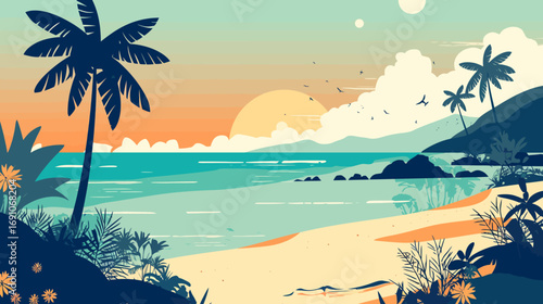 Vector illustration of a tranquil tropical beach scene at sunset with palm tree silhouettes and ocean waves