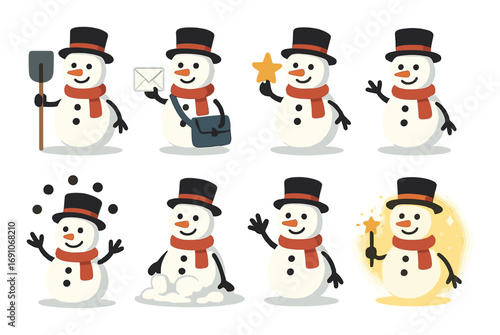 Cheerful snowmen in winter scenes with top hats and scarves