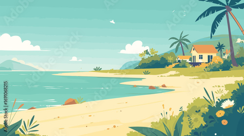 Tropical Beach House Illustration Seaside Paradise Vector Art