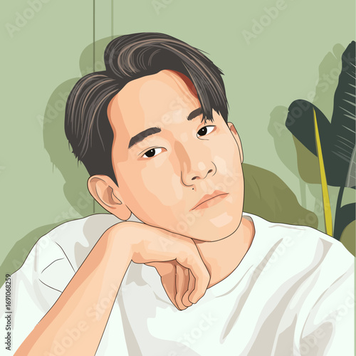 Vector illustration of a handsome young Asian man with a thoughtful expression, a modern graphic design combining colors suitable for a t-shirt