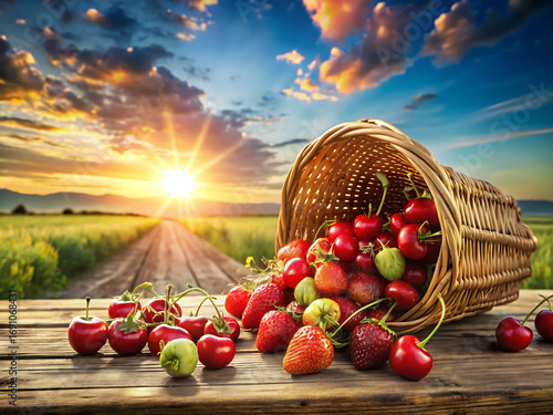 Freshly picked strawberries and cherries spilling from a wicker basket at sunset on a wooden table