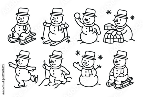 Vector line art illustrations of snowmen in various winter activities