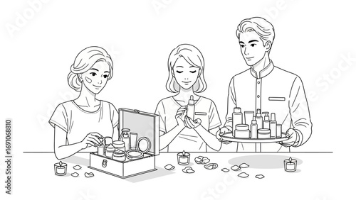 Three people a woman a younger woman and a man are gathered around a table examining and selecting various small bottles and containers possibly cosmetics or perfumes from an open box and tray