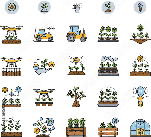 A collection of colorful icons representing smart farming, agricultural technology, and modern cultivation methods.