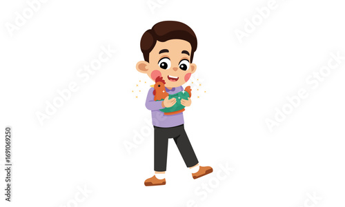 A cute cartoon boy with rosy cheeks happily hugging a small brown pet chicken, isolated on a white background.