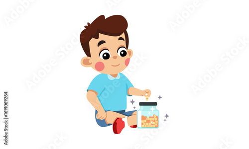 A young boy in a blue t-shirt and red shoes is sitting on the floor and putting a coin into a glass jar filled with coins.