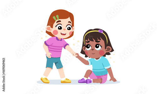 A kind girl helping a sad girl get up, showing friendship and support.
