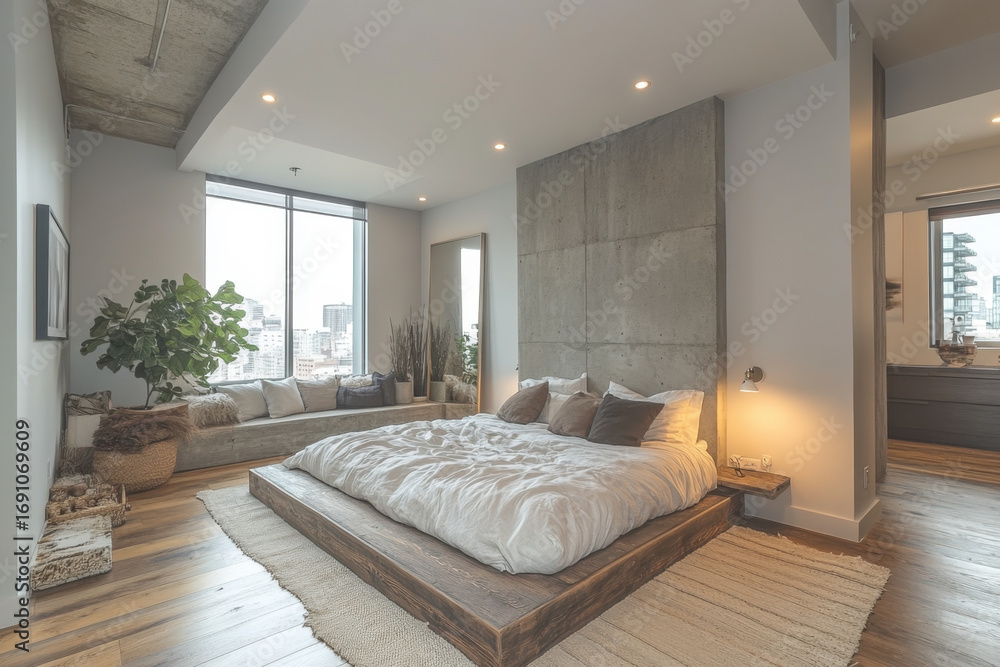 Fototapeta premium Large bed in a bedroom with wooden floors.