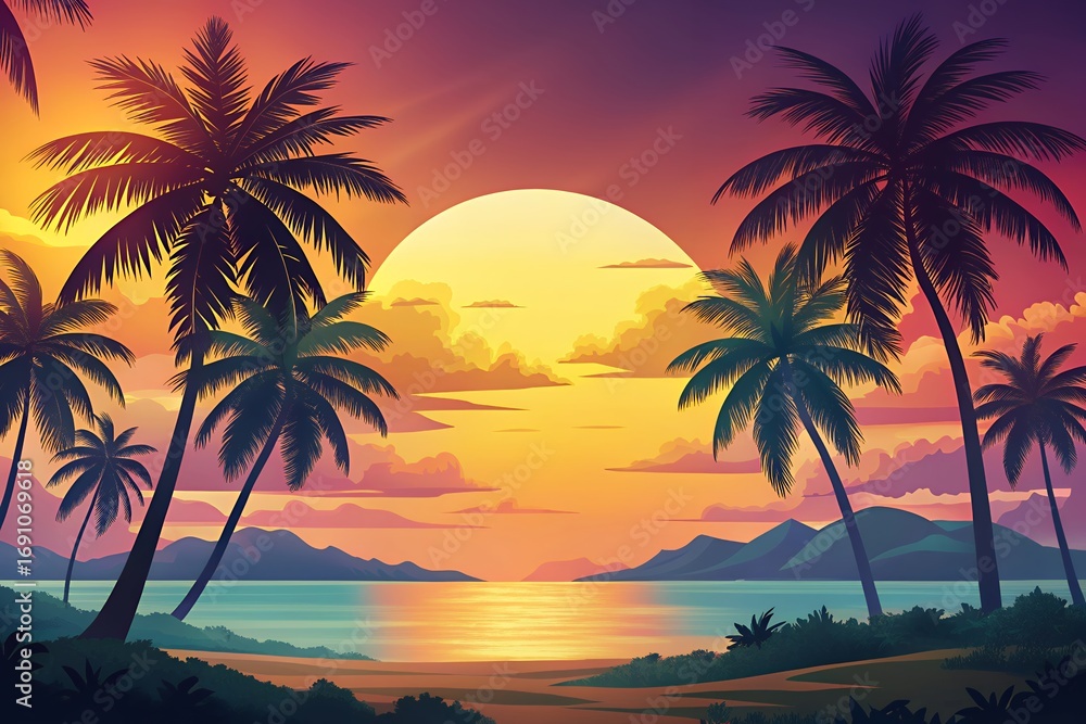 Obraz premium Vibrant tropical sunset over the ocean with silhouetted palm trees