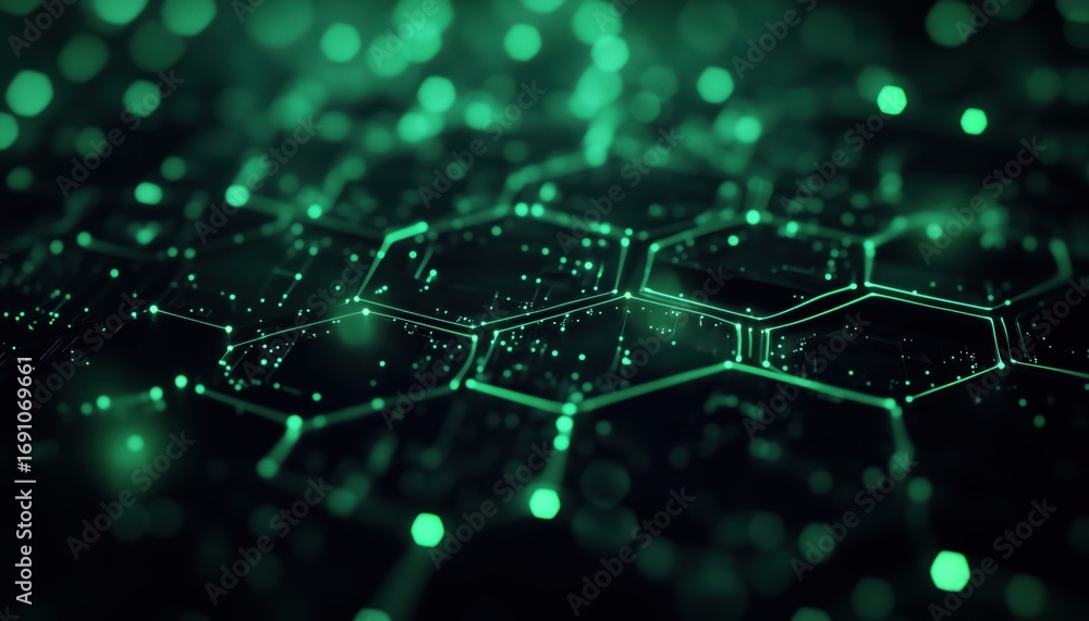 Obraz premium Dark Abstract Technology With Illuminated Green Hexagons: A Futuristic And Intriguing Design Featuring Glowing Green Hexagons On A Dark Background.