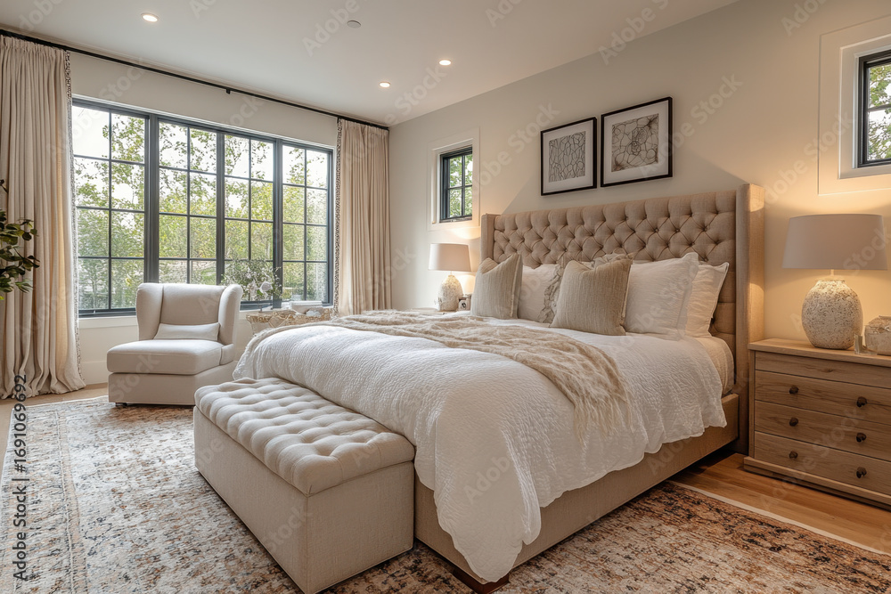 Fototapeta premium Large bed by a sunny window in a spacious bedroom.
