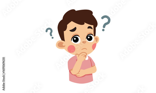 A thoughtful young boy with question marks above his head.