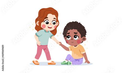 A compassionate cartoon girl with red hair helps a sad little boy get up from the ground.