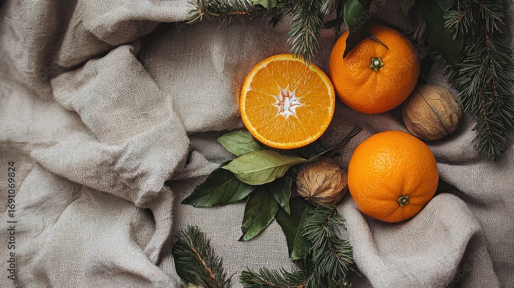 Obraz premium Orange walnuts evergreen arrangement