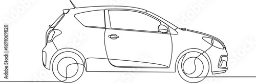 Continuous line art drawing of a modern compact hatchback car in a simple side profile view