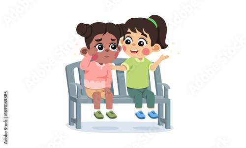 A comforting scene of two young girls sitting on a bench, one consoling the other.