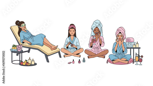 Diverse group of women enjoying a relaxing spa day at home with face masks manicures and beauty treatments in comfortable robes and towels