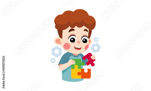 A boy happily putting puzzle pieces together, illustration.