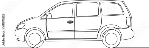 Minimalist black and white Continuous line art of a family minivan in side profile view