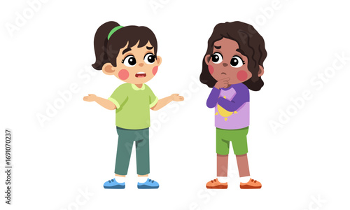 Two young girls with different skin tones and hair colors are standing and looking at each other with confused expressions.