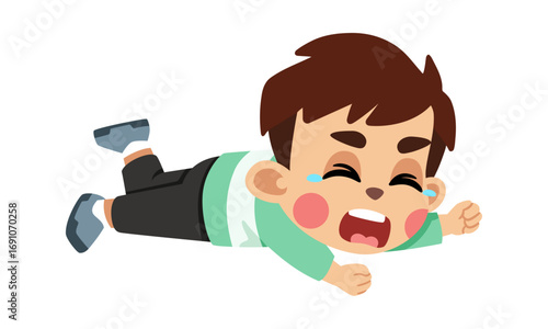 A cartoon illustration of a young boy lying on his stomach, crying loudly with tears and an open mouth, expressing sadness or a tantrum.