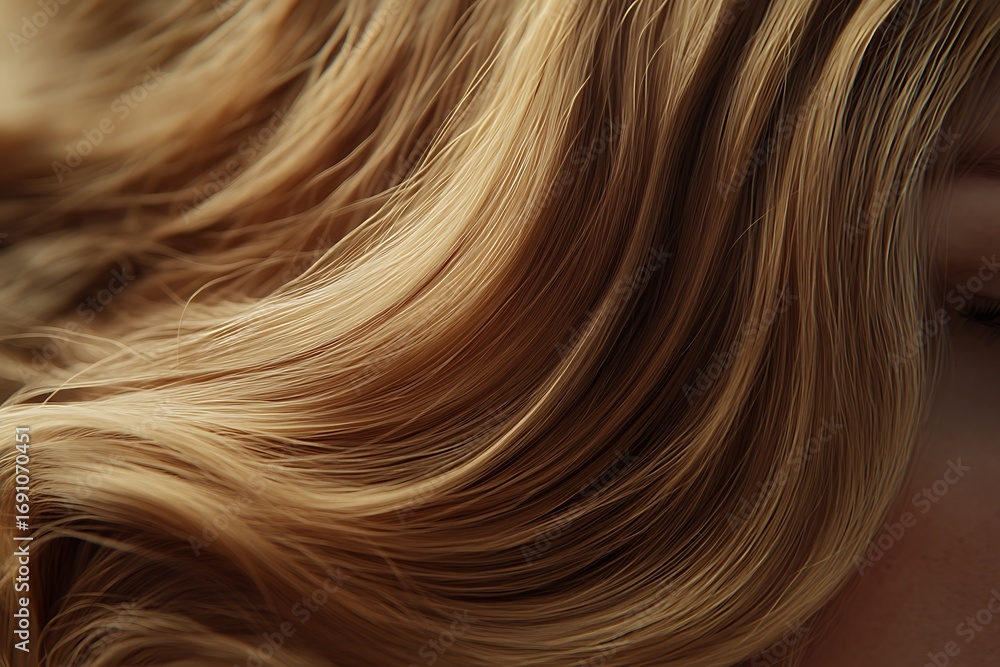 Naklejka premium Luxurious blonde hair with perfect texture and flow, ideal for beauty, fashion, and hair care ads