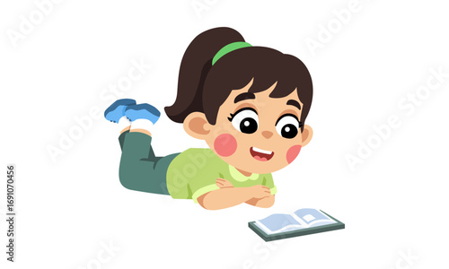 Cartoon girl lying down reading a book with a smile on her face.