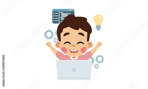 Smiling boy with raised arms, sitting in front of a laptop, surrounded by technology-related icons.