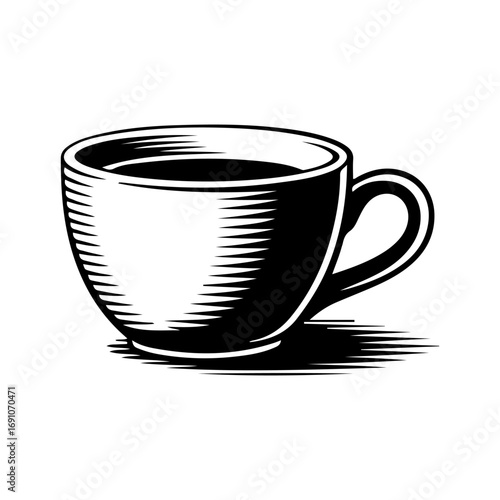 Classic hand drawn coffee cup filled with dark beverage and shadow on white surface vector