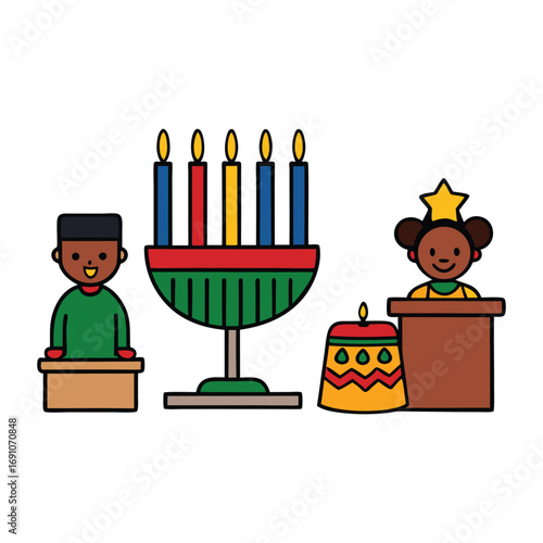 A festive Kwanzaa-themed drawing featuring symbols like the kinara, candles, fruits, and unity cup, celebrating African heritage, family, and culture with vibrant spirit.
